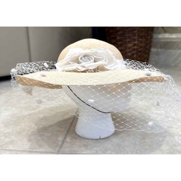 VTG‎ Accessory Beige Derby Church Tea Hat Veil Flower Bow main image 6